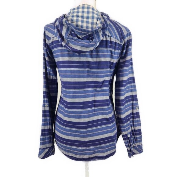 Columbia Button up Hooded Shirt Women's S Blue Stripe Roll Tab Long Sleeve - Picture 2 of 7